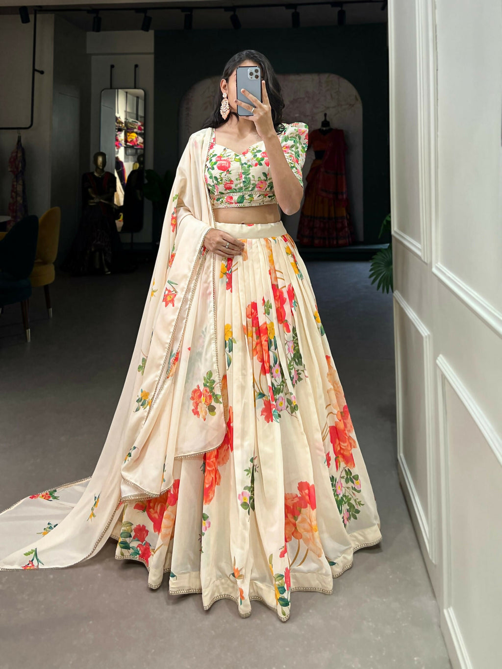 Vastranavya Floral Printed Georgette Lehenga Set With Thread Work Unstitched Choli - Cream | Grocsy