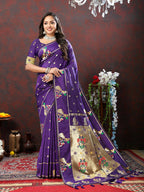 Lorenvalley Fashion Purple Soft Paithani Silk Woven Design Gold Zari Meenakari Weaving Saree | Grocsy
