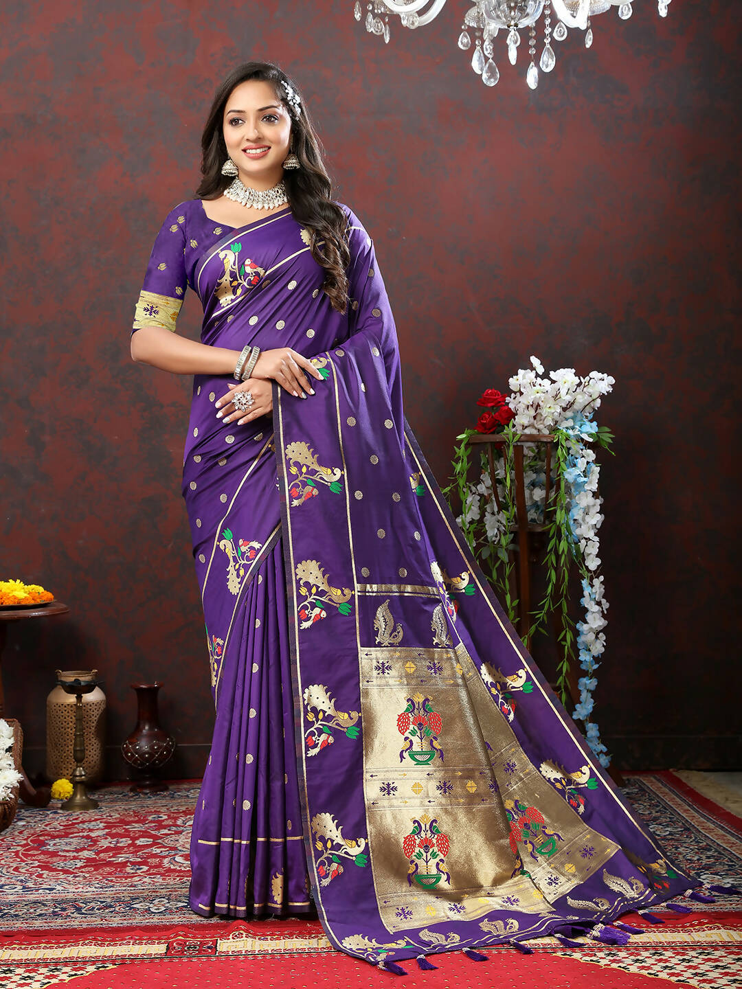 Lorenvalley Fashion Purple Soft Paithani Silk Woven Design Gold Zari Meenakari Weaving Saree | Grocsy