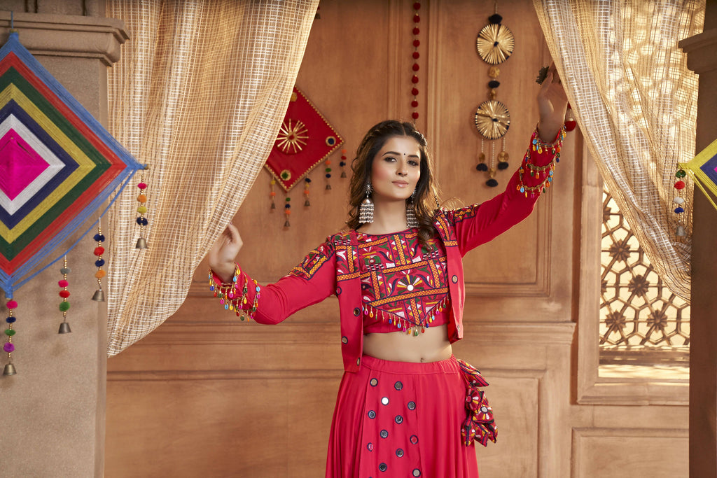 Rani Pink Viscose Rayon Thread Embroidered Work With Mirror All Over Navratri Lehenga Choli With Dupatta - Raas | Grocsy
