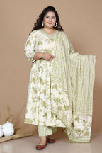 Miravan Women's Plus Size Green Printed Anarkali Kurta With Palazzo And Dupatta | Grocsy