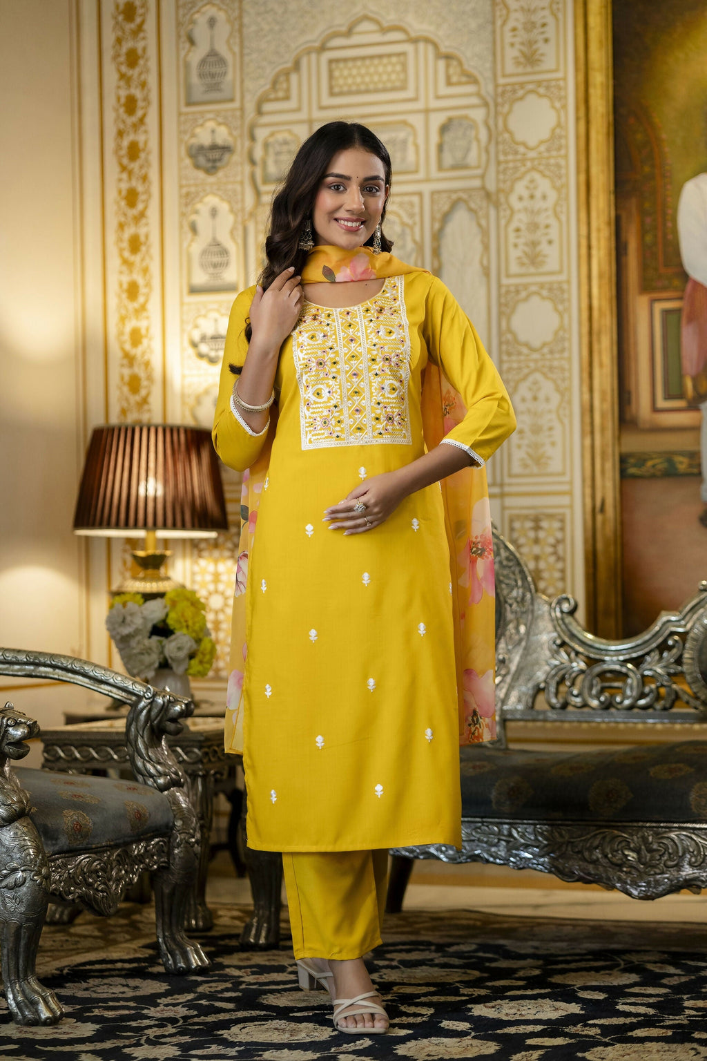 The52 Women's Beautiful Embroidery Work Viscose Rayon Fabric Straight Kurta Pant and Dupatta Set | Grocsy