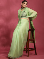 Green Fancy Pure Fabric Plain Ready to wear Saree with stitched Blouse - Vrinda | Grocsy