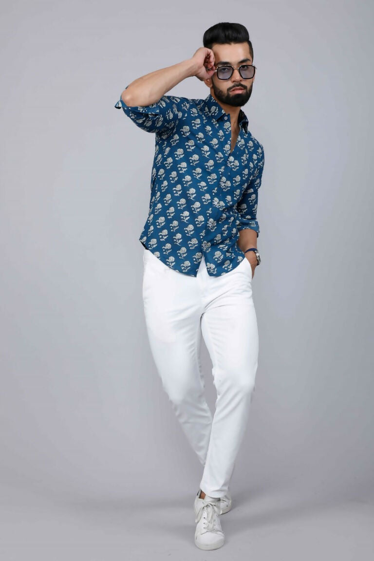 Miravan Men's Blue Spread Collar Floral Print Casual Shirt | Grocsy