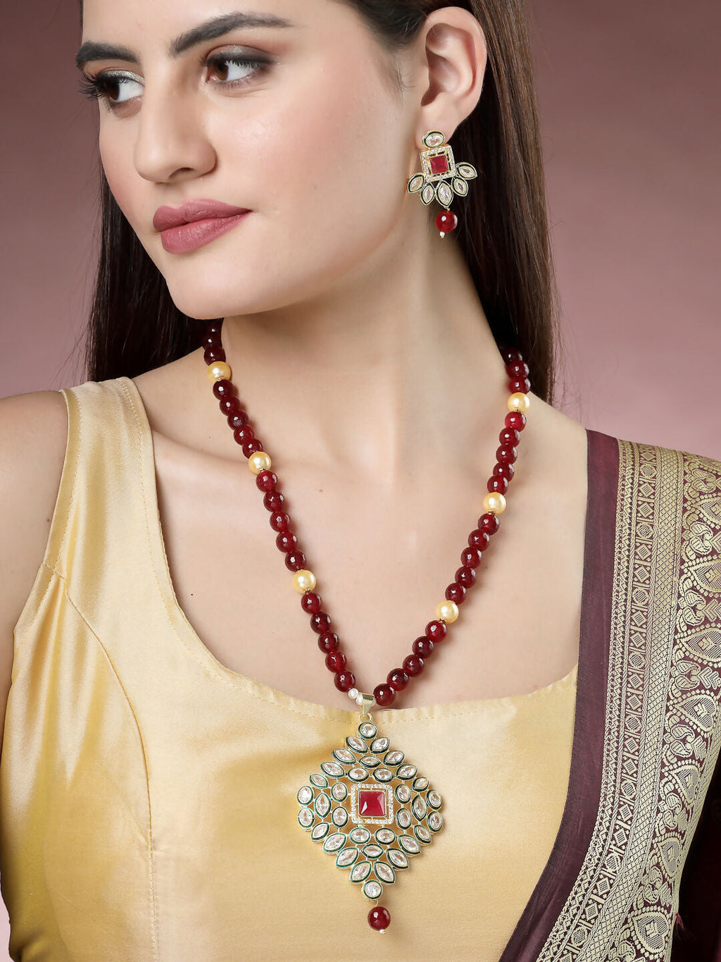 NVR Women's Red Kundan-Studded & Beaded Handcrafted Jewellery Set | Grocsy