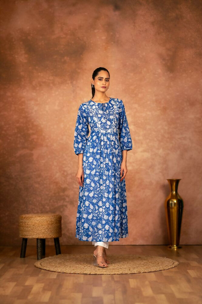 Joban Fashion Blue Floral Hand Block Printed Cotton Kurta Pant Set | Grocsy