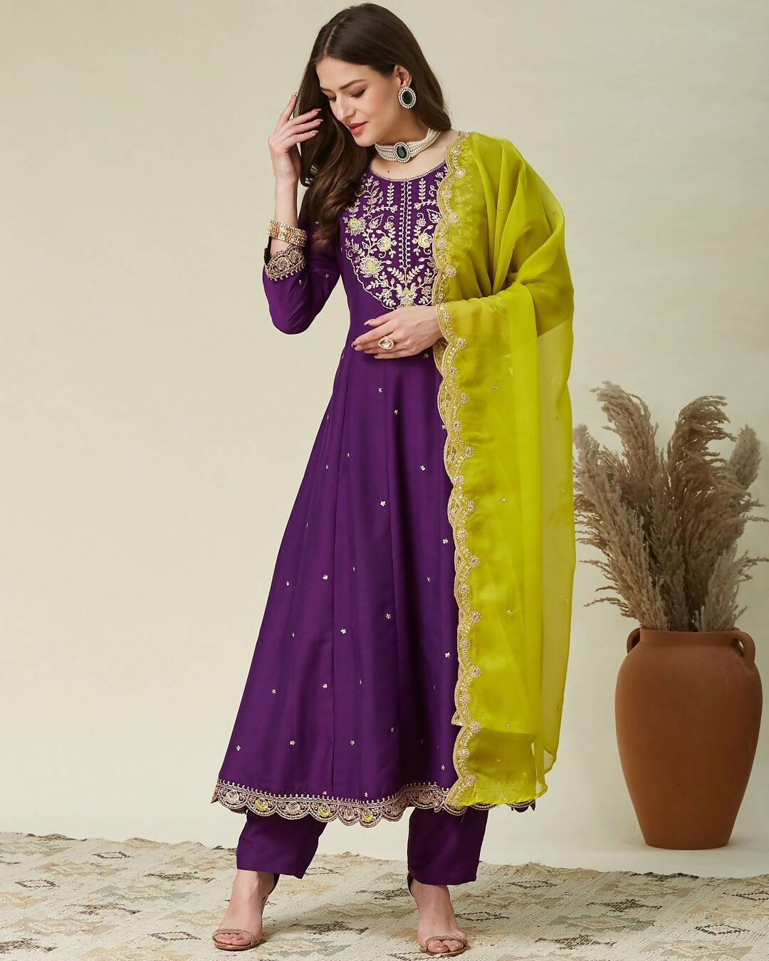 The52 Women's Beautiful Vichitra Fabric Embroidery Work Flared Anarkali Pant and Dupatta Set | Grocsy