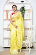 Very Much Indian Jamdhani Cotton Saree With Polka Dot Pallu - Lime Yellow | Grocsy