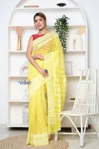Very Much Indian Jamdhani Cotton Saree With Polka Dot Pallu - Lime Yellow | Grocsy