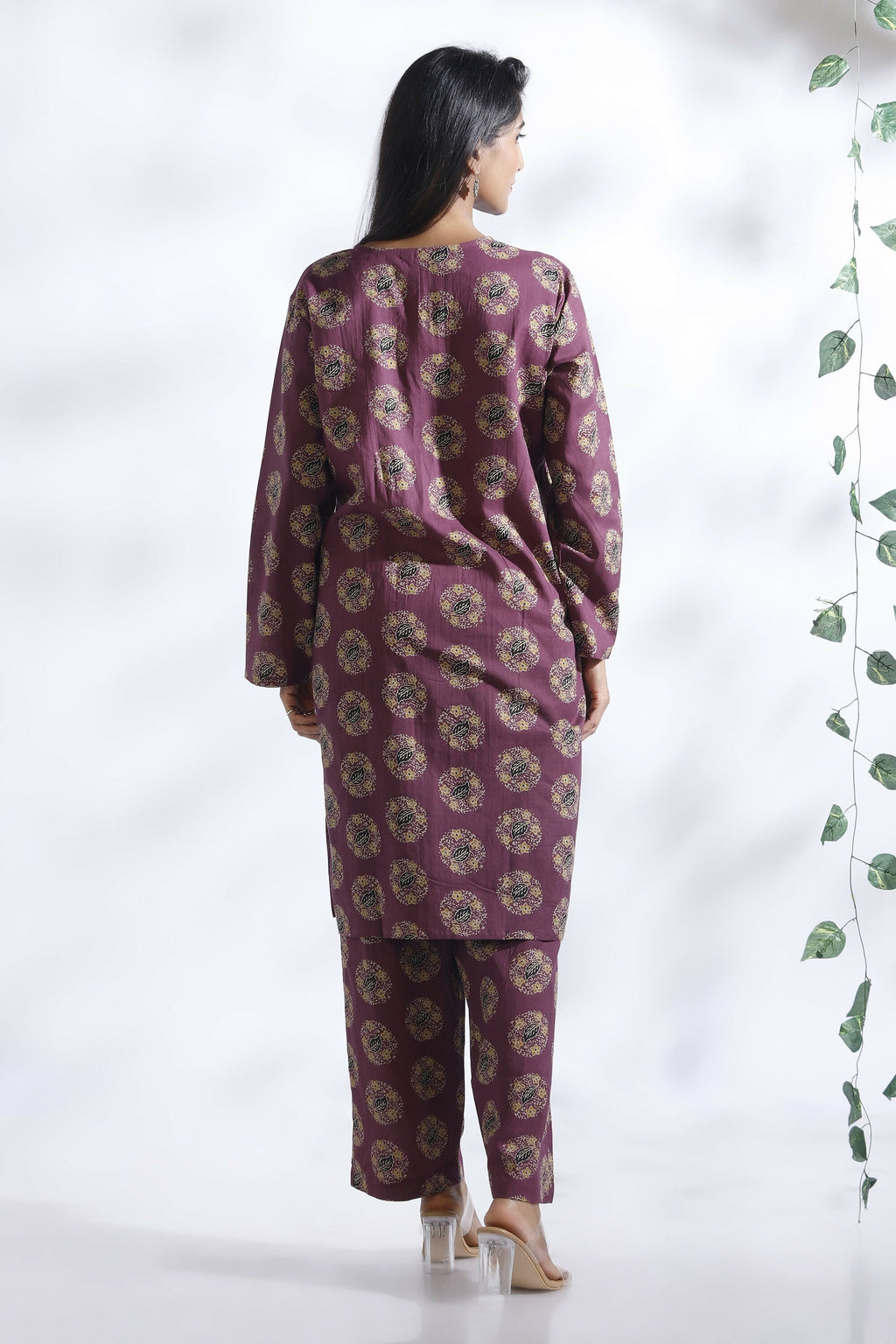 Breathables Wine Butta Print Cotton Kurta & Pants Set | Grocsy