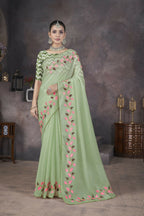 Vastranavya Green Soft Crush Georgette Thread Embroidery work of Leaf Pattern with Patched Lace Border Saree | Grocsy