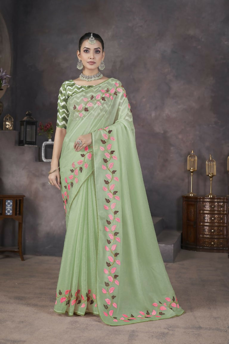 Vastranavya Green Soft Crush Georgette Thread Embroidery work of Leaf Pattern with Patched Lace Border Saree | Grocsy
