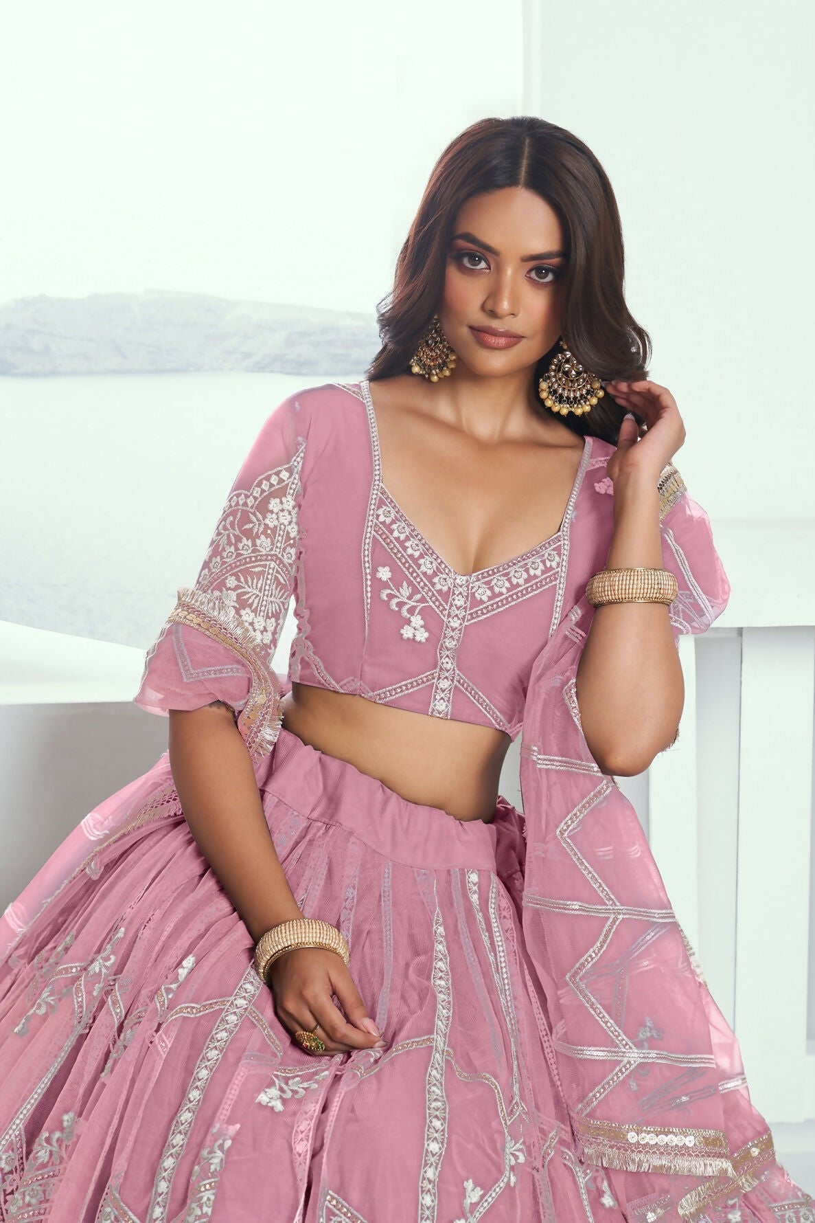 Eilara Glamorous Pink Thread Embroidered Work Net Wedding Lehenga Choli | Grocsy
