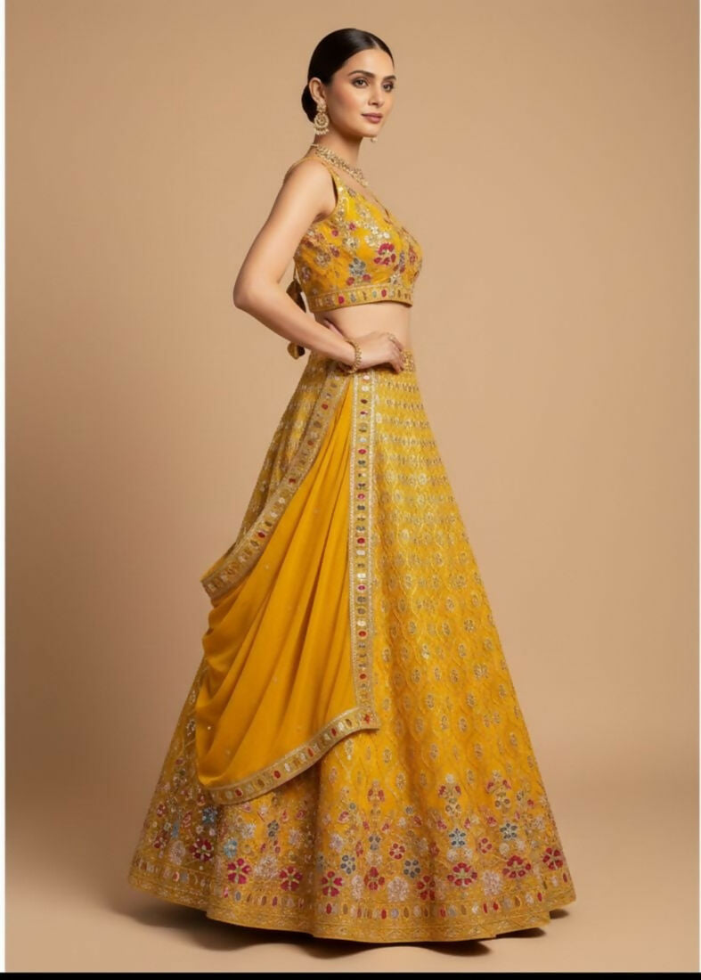 Lehenga Mart Yellow Faux Georgette Designer Bollywood Style Wedding Wear Lehenga Choli | Grocsy