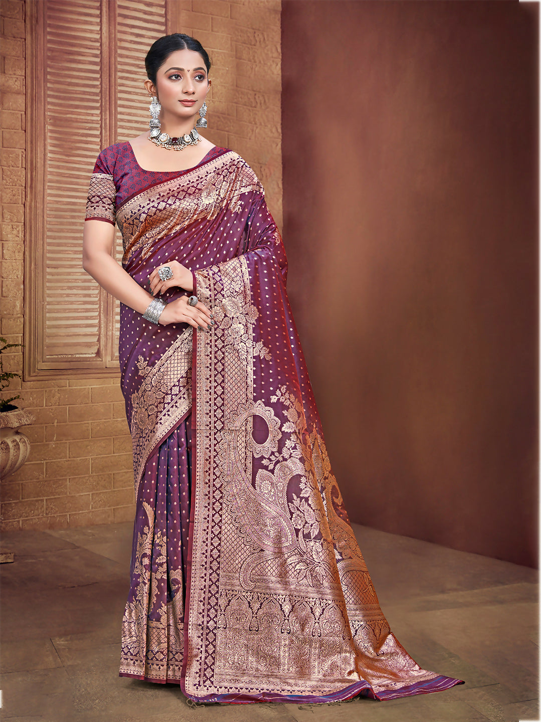Sangam Prints Wine Silk Woven Work Traditional Saree | Grocsy