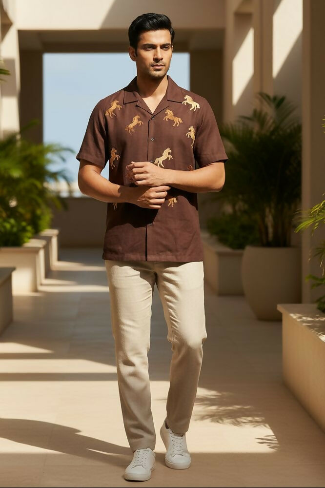 Galloping — Brown Horse Embroidered Cotton Shirt by Hilo Design | Grocsy