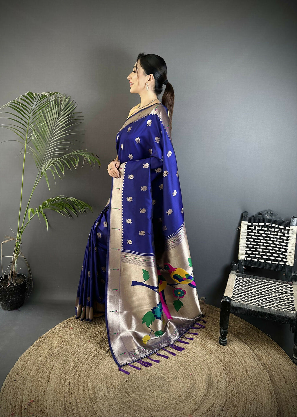 Joban Fashion Royal Blue Peacock & Floral Motifs Soft Silk Kanchipuram Saree | Grocsy
