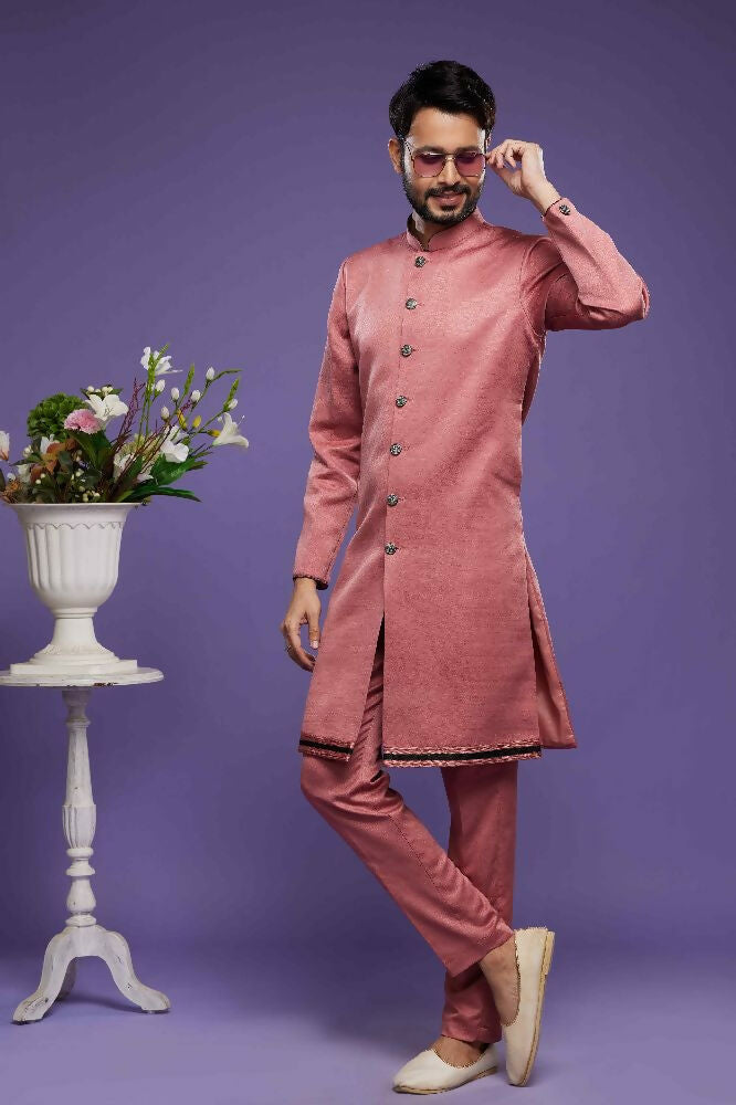 Raivat Ethnic Art Banarasi Silk Thread Work Kurta Pajama In Rust Pink Colour | Grocsy