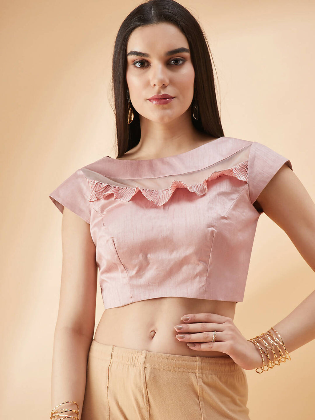 Pink Lycra Frill Details, Hand Embroidered Brooch Saree - Norita Hit Design | Grocsy