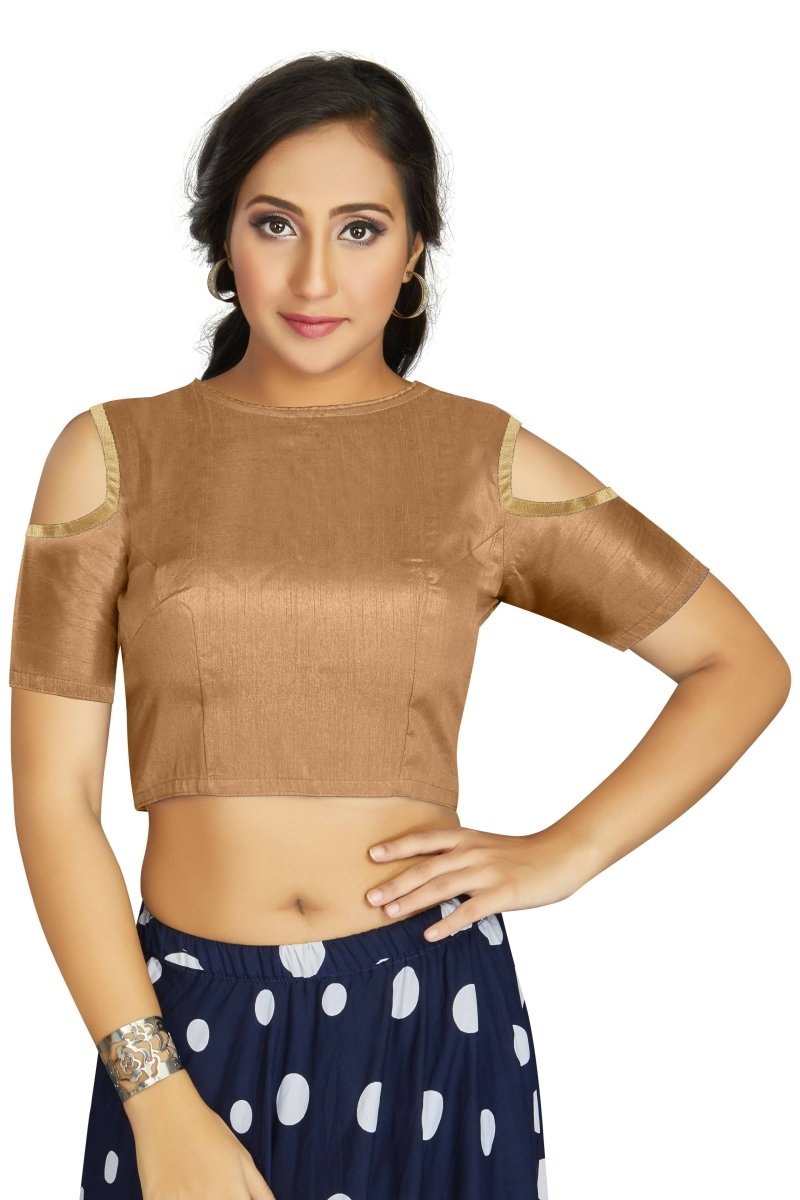 Aastha Fashion Women's Beige Art Silk Cold Shoulder Sleeve Readymade Blouse | Grocsy