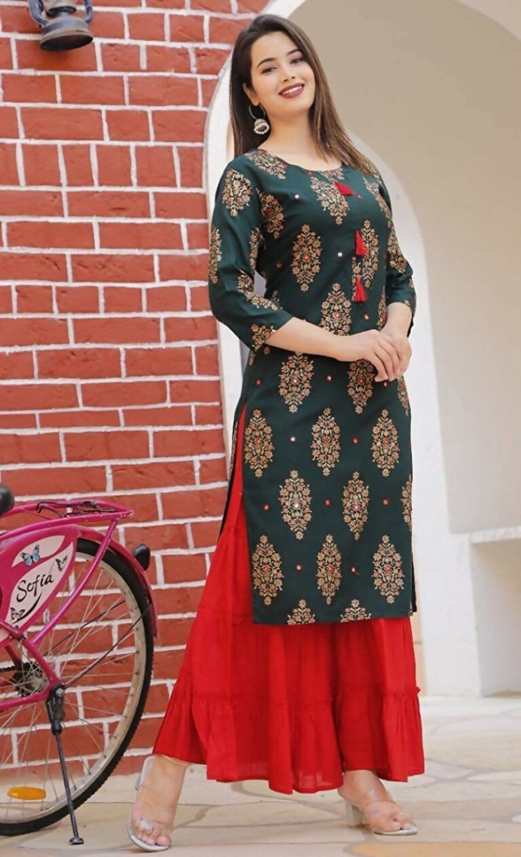 Alvano Printed Kurta With Sharara Set for Women's and Girls Rayon (Green) | Grocsy
