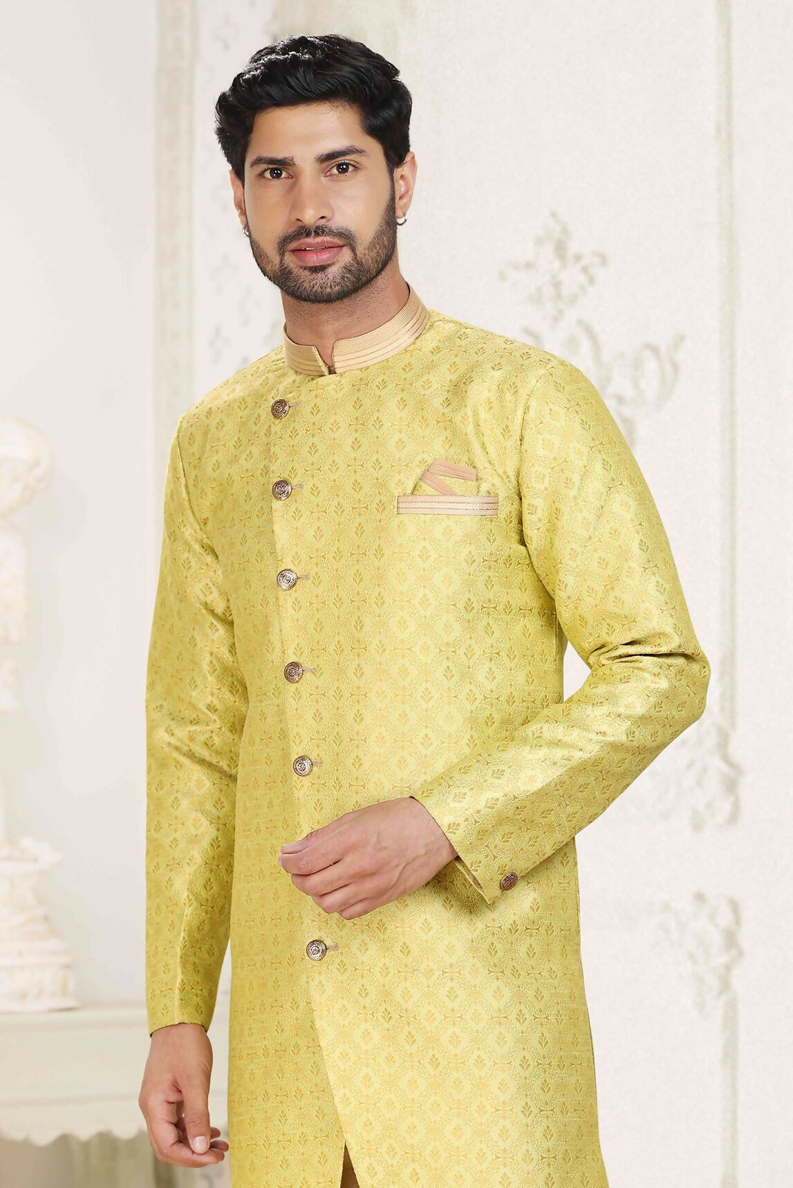 Raivat Ethnic Banarasi Jacquard Embroidery Semi Indo Western Sherwani In Lemon Yellow Colour | Grocsy