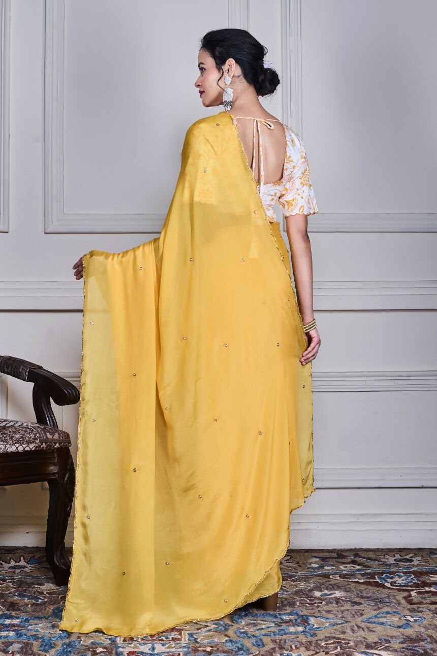 Morchari Yellow Chiffon Hand Embroidery Saree And Stitched Blouse | Grocsy