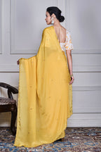 Morchari Yellow Chiffon Hand Embroidery Saree And Stitched Blouse | Grocsy
