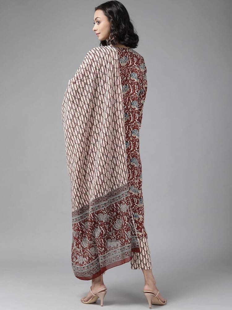 Yufta Women Maroon Pure Cotton Ethnic Motifs Printed Kurta with Palazzo & Dupatta | Grocsy