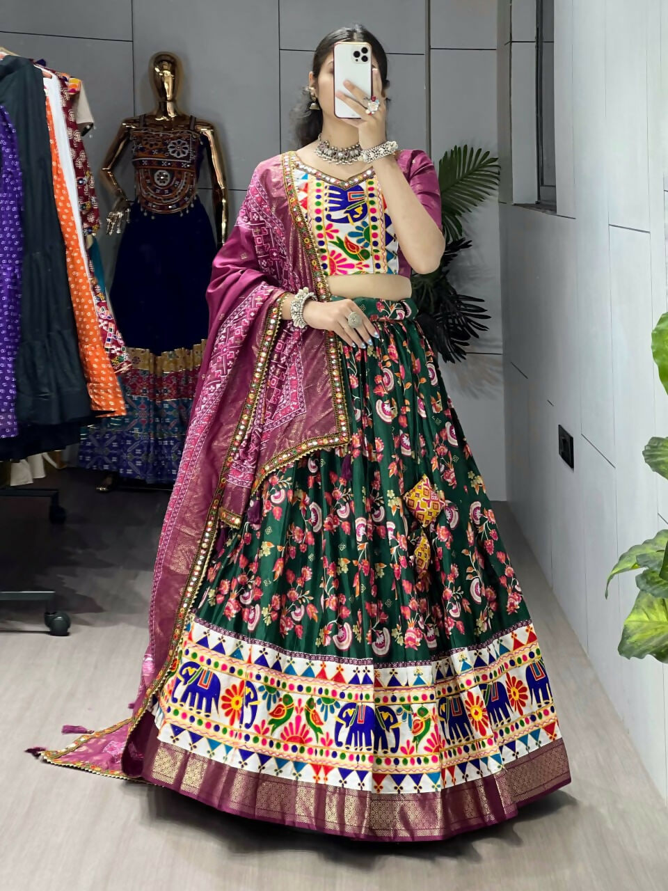Yash Enterprise Green Silk Embroidery Semi Stitched Navratri Chaniya Choli | Grocsy