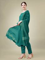 Jyoti Fashion Women's Teal Cotton Blend Embroidery & Sequence work Kurta with Trouser & Dupatta | Grocsy