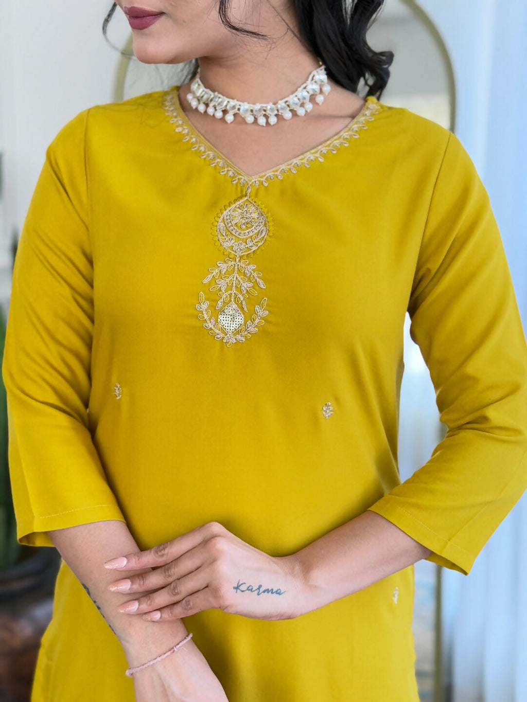 The52 Yellow Women's Beautiful Embroidered Rayon Fabric with Straight Kurta, Pant and Dupatta Set | Grocsy