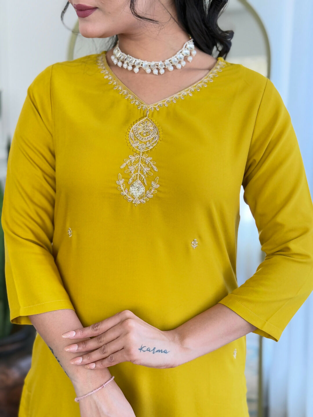 The52 Yellow Women's Beautiful Embroidered Rayon Fabric with Straight Kurta, Pant and Dupatta Set | Grocsy
