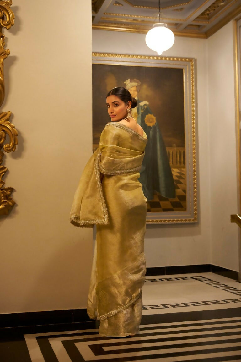 Vastranavya Gold Tissue Shimmer Zari Weaving Work Saree with Unstitched Blouse Gold | Grocsy