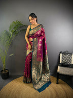 Elora Wine Soft Silk Butti Zari Weaving Contrast Weaving Border Banarasi Saree | Grocsy