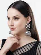 NVR Women Silver Mirror Oxidised Brass-Plated Jhumka Earrings | Grocsy