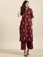 Women Maroon & Golden Pure Cotton Printed Kurta with Palazzos - Vishwa | Grocsy