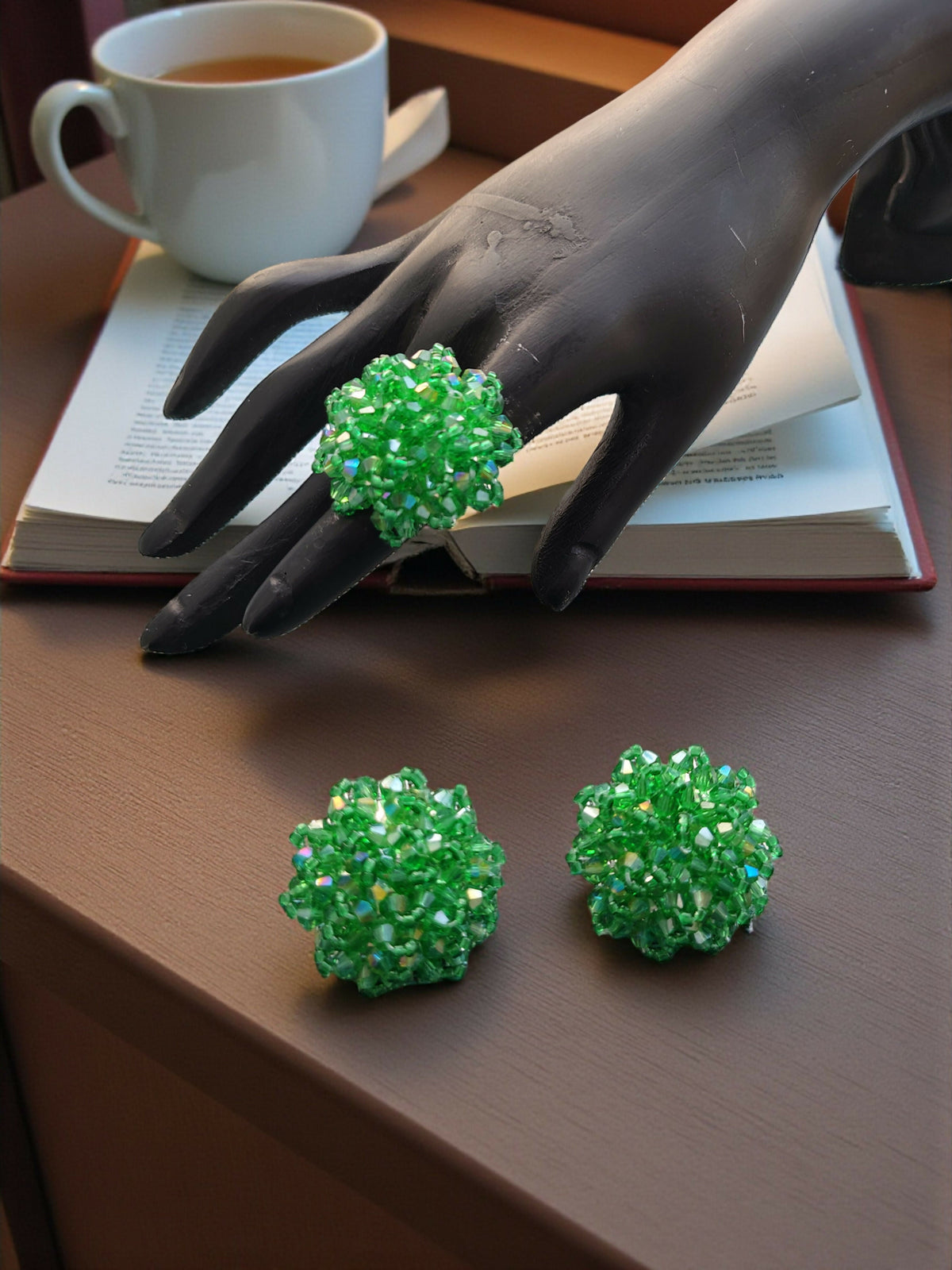 Inhanns Rangmani Crystal Duo – Adjustable Ring + Statement Earrings Set - Pista Green | Grocsy