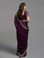 PR Fashion Wine Zometo Embroidery Lace Saree | Grocsy