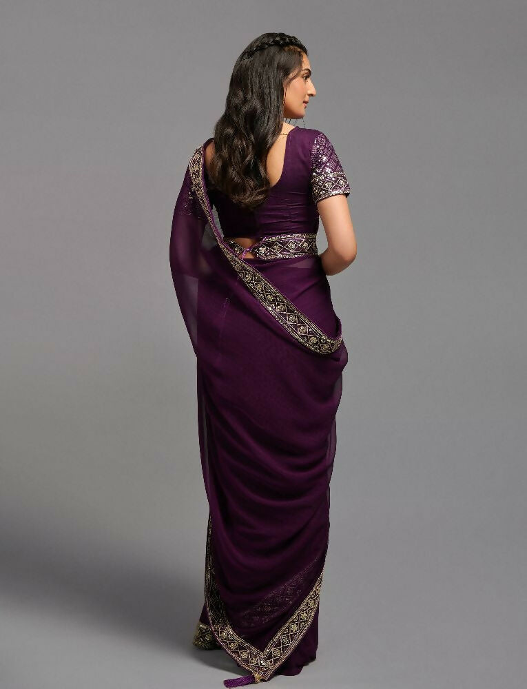 PR Fashion Wine Zometo Embroidery Lace Saree | Grocsy