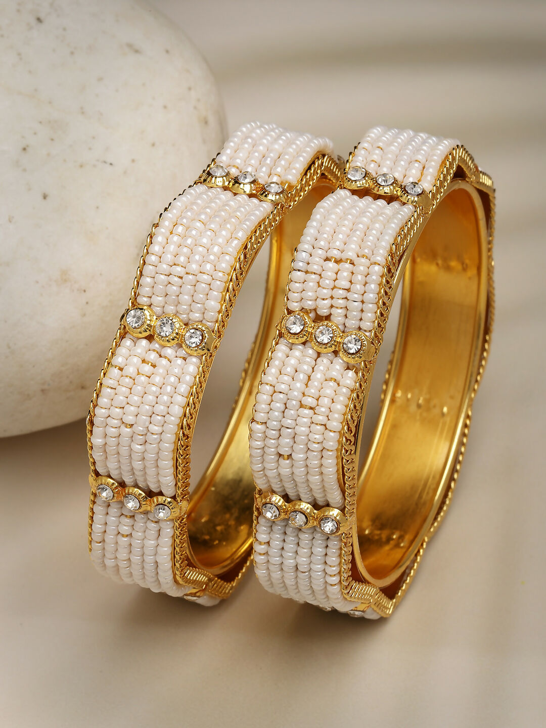 NVR Women's Set of 2 Gold-Polished Pearl Handcrafted Traditional Bangles