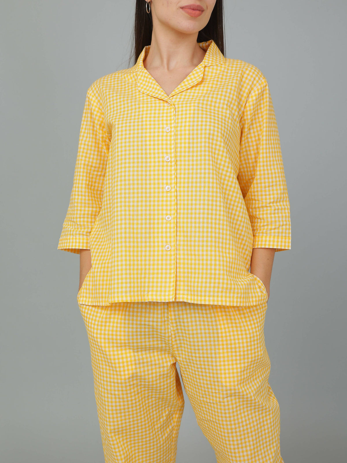 Breathables Women Cotton Checks Night Suit Shirt And Pants Co-Ord Set I Night Wear-Yellow | Grocsy