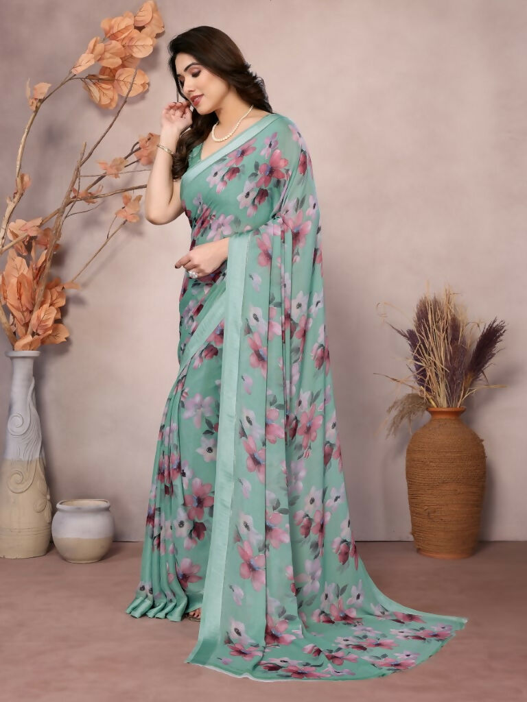 Designer Partywear Teal Bright Moss Satin Patta Fancy Saree - Kanak | Grocsy