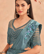 Blue Satin Embroidered Ready To Wear Saree With Unstitched Blouse Piece - Nandika | Grocsy