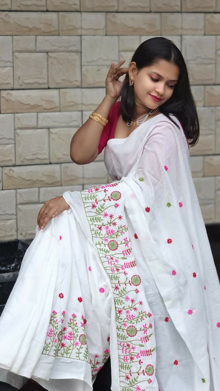 Exclusive Collection White Pure Cotton Handloom Embroidered Saree | Grocsy