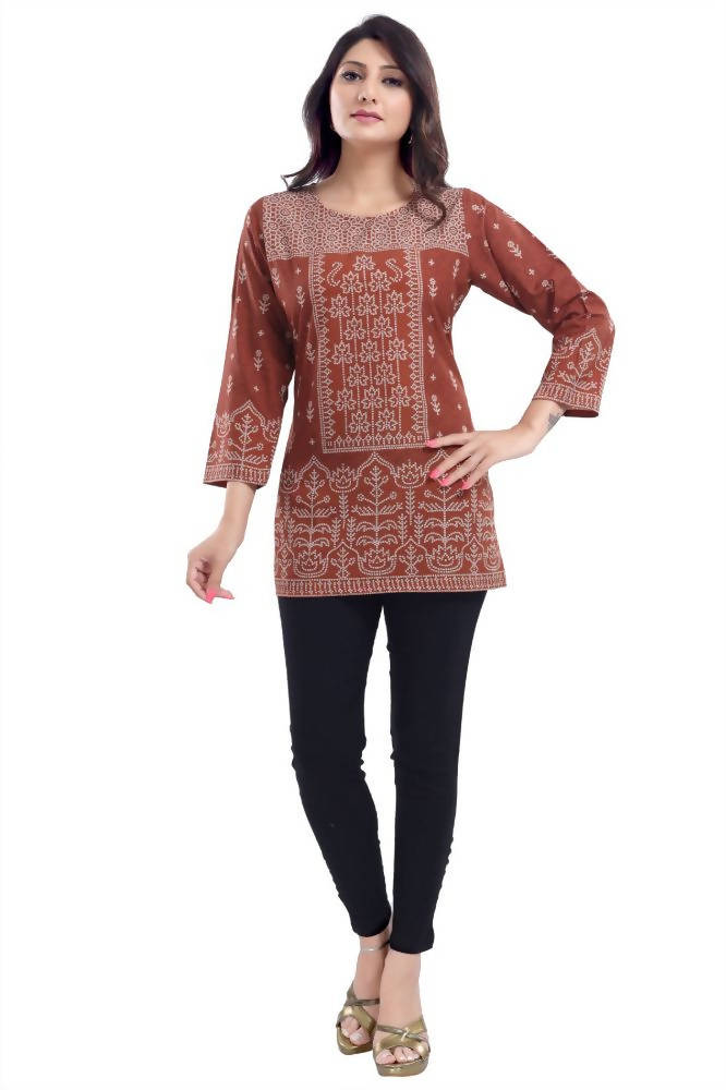 Snehal Creations Rust Faux Crepe Short Kurti Tunic Top | Grocsy