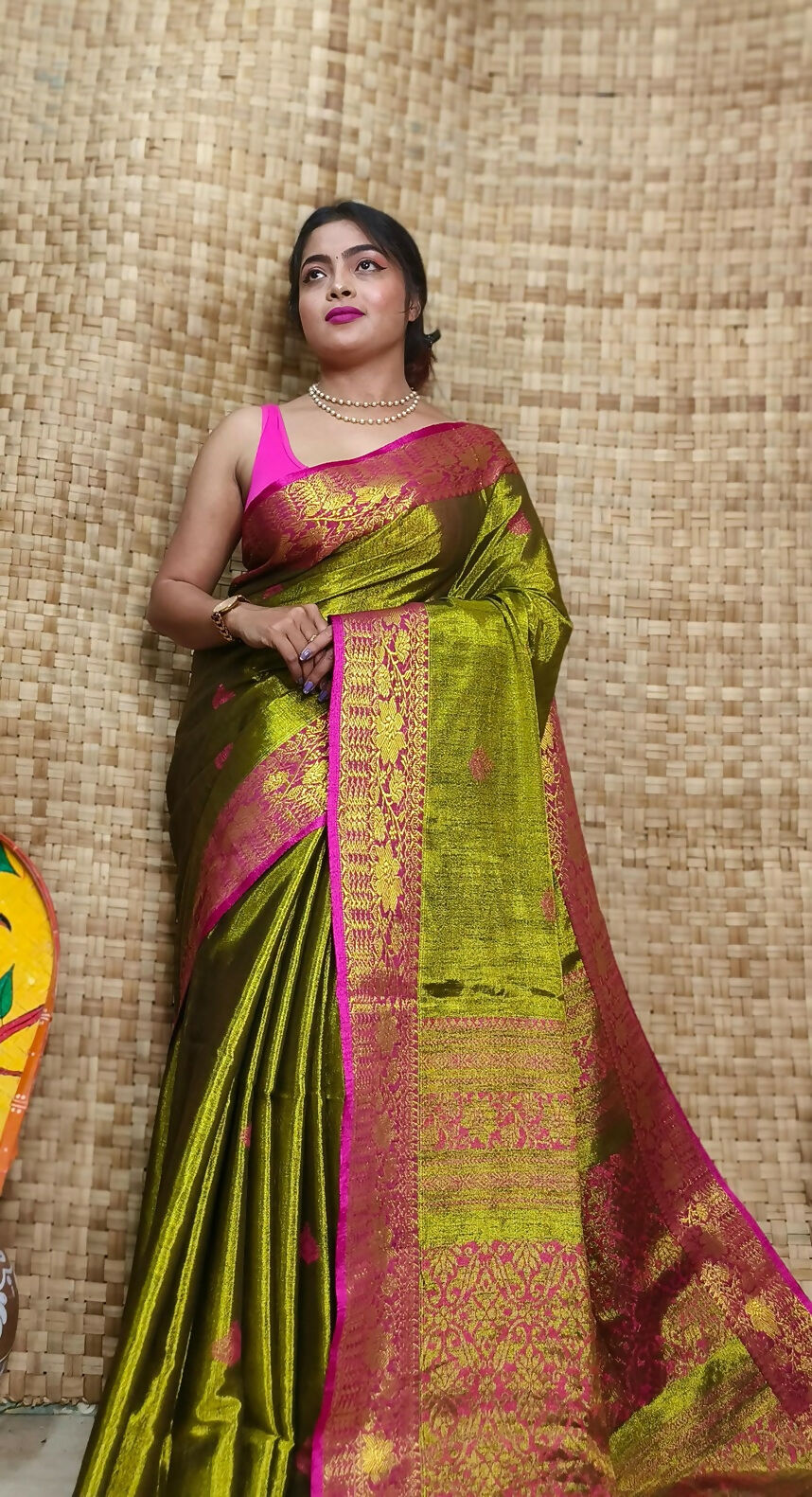 Exclusive Collection Golden Olive Beautiful Tissue Benarasi Saree | Grocsy