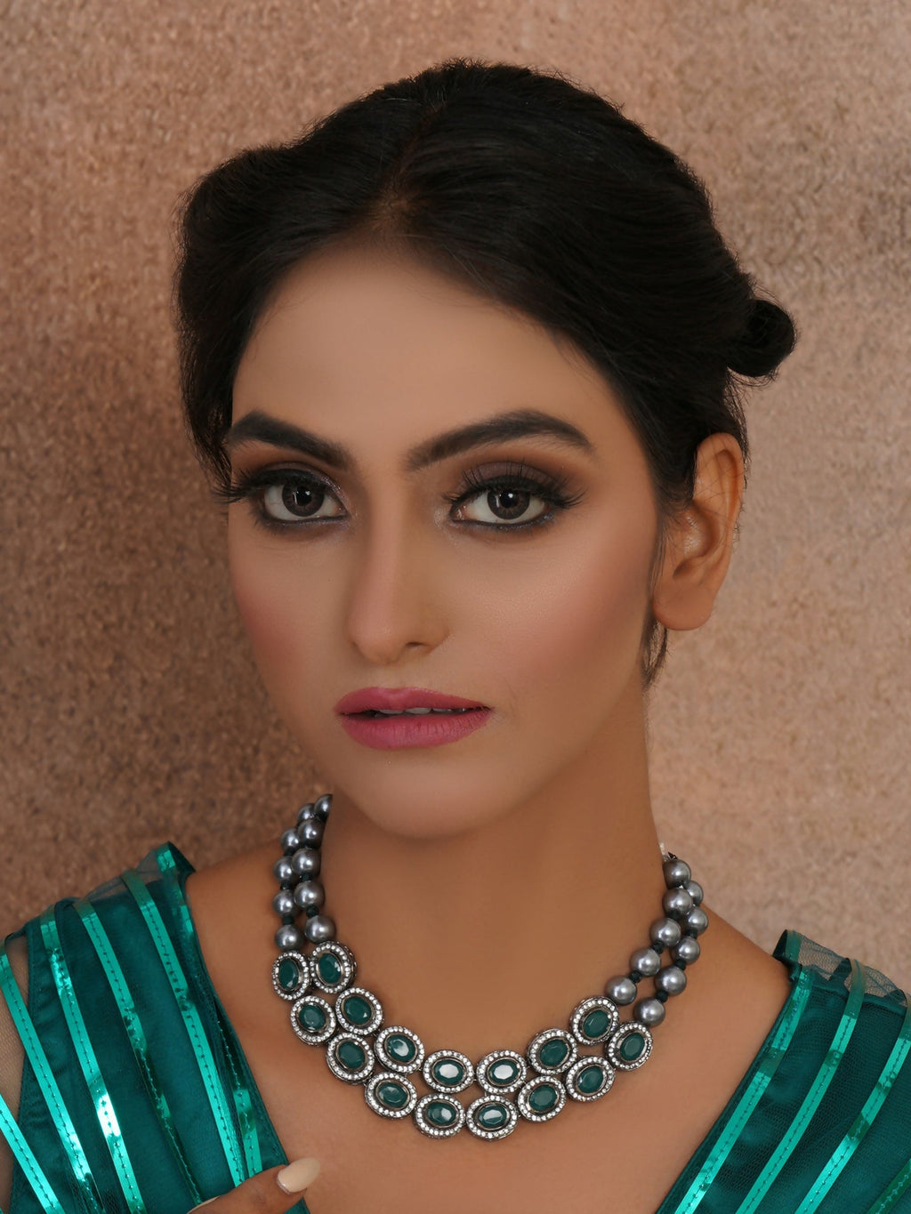 Green Stone Kundan Neckpiece with Grey Stones (Grey) - Ruby Raang | Grocsy