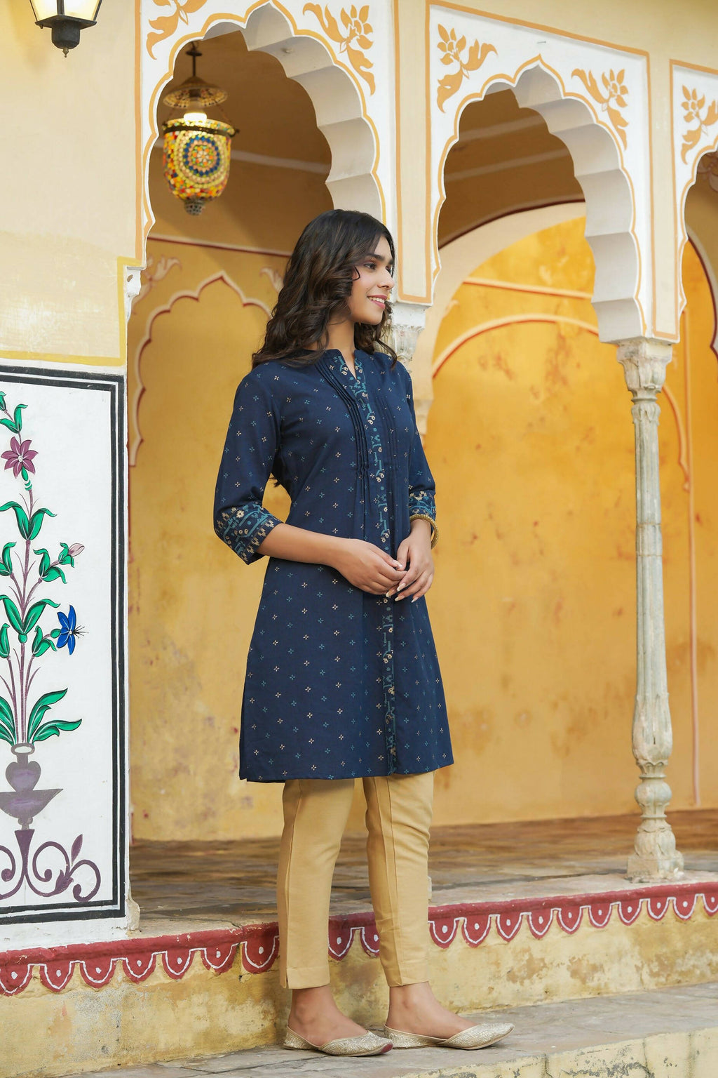 Juniper Women's Blue Cotton Flex Printed A-Line Kurta | Grocsy
