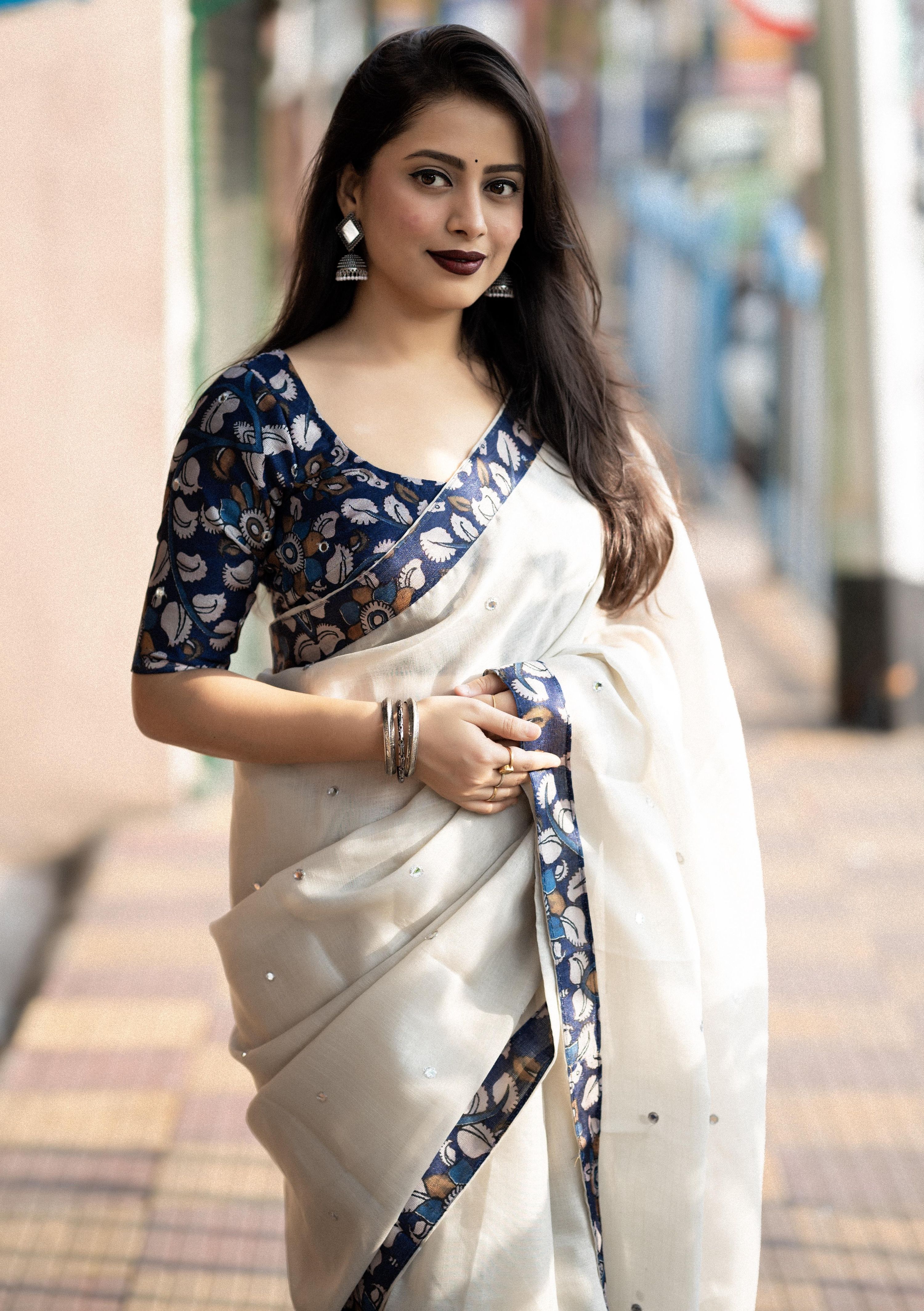 Cream Pure Linen Ethnic Motifs Saree with Unstitched Blouse - A2M | Grocsy